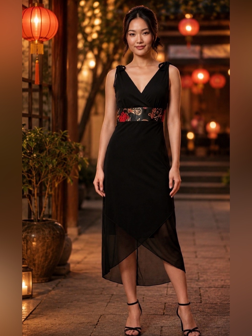 Black High-Low Dress w/ Floral & Black Sash, Conched Shoulder Ties - Size Medium - Picture 2 of 11